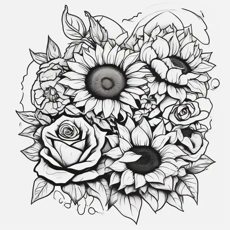 sunflower and roses floral sleeve tattoo drake tattoos – Caricatura, Blanco y negro